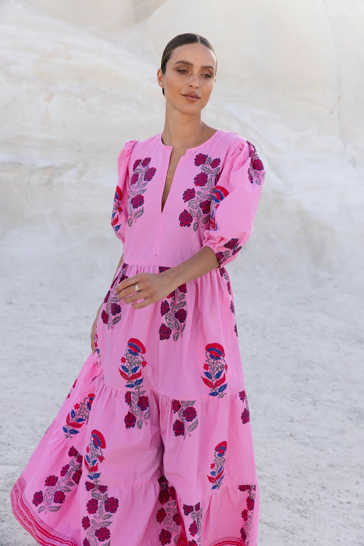 pink puff sleeve maxi dress Floral 45% Viscose Boca Pink Puff Sleeve Maxi